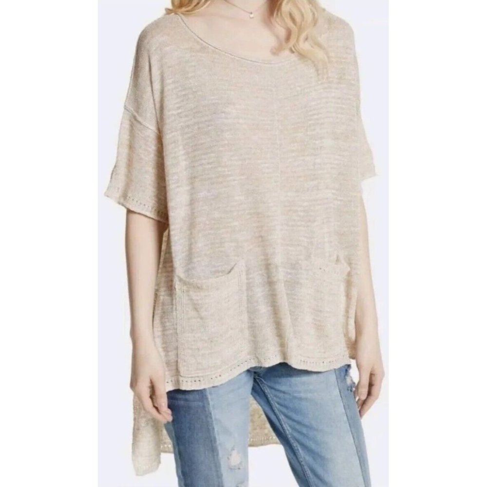 Women's Free People Melange High Low Beige Knit Tunic Top Sweater Medium